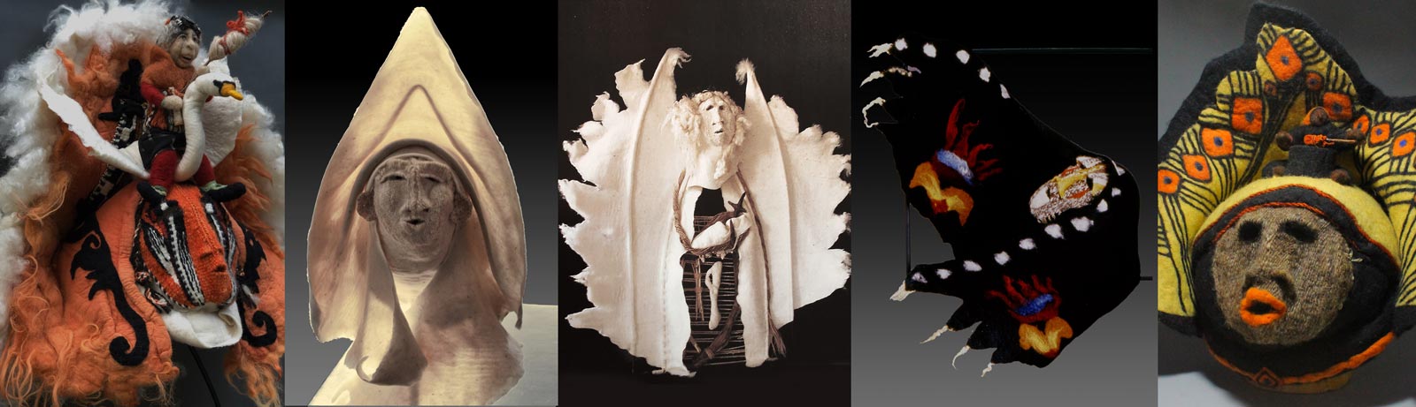 row of five sculptures of fiber faces