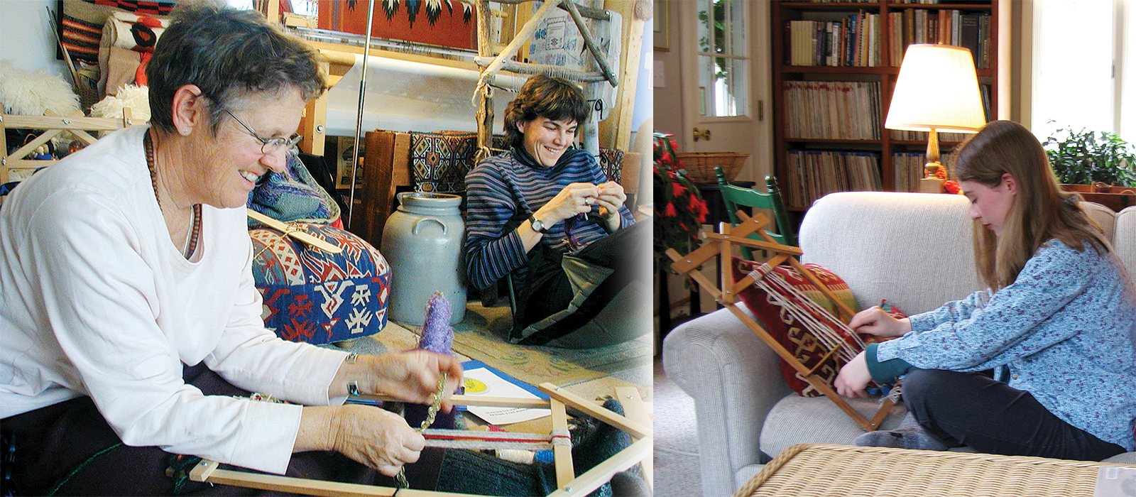 Women in Weaving Circle and Woman weaving at home on couch
